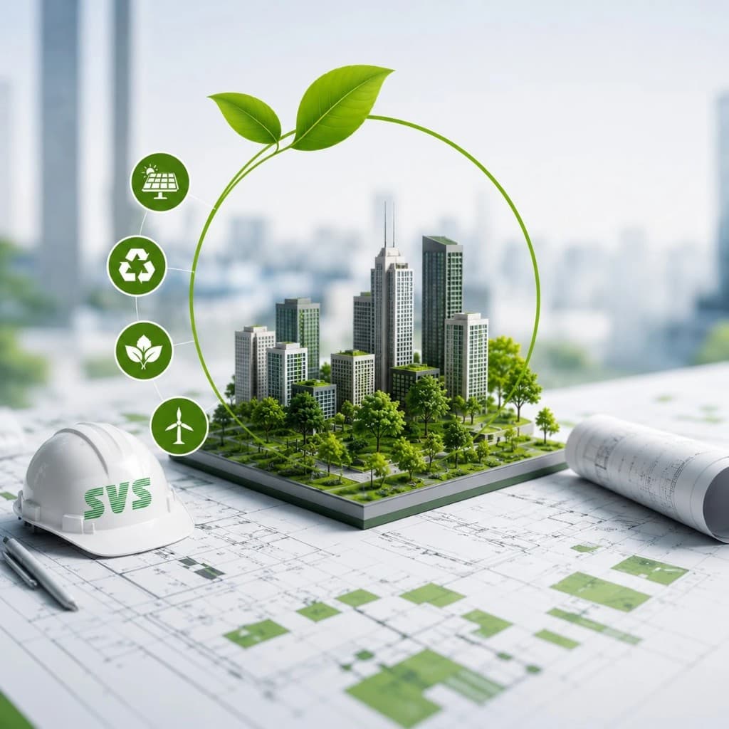 Sustainable city model on blueprints with SVS hard hat and green energy icons